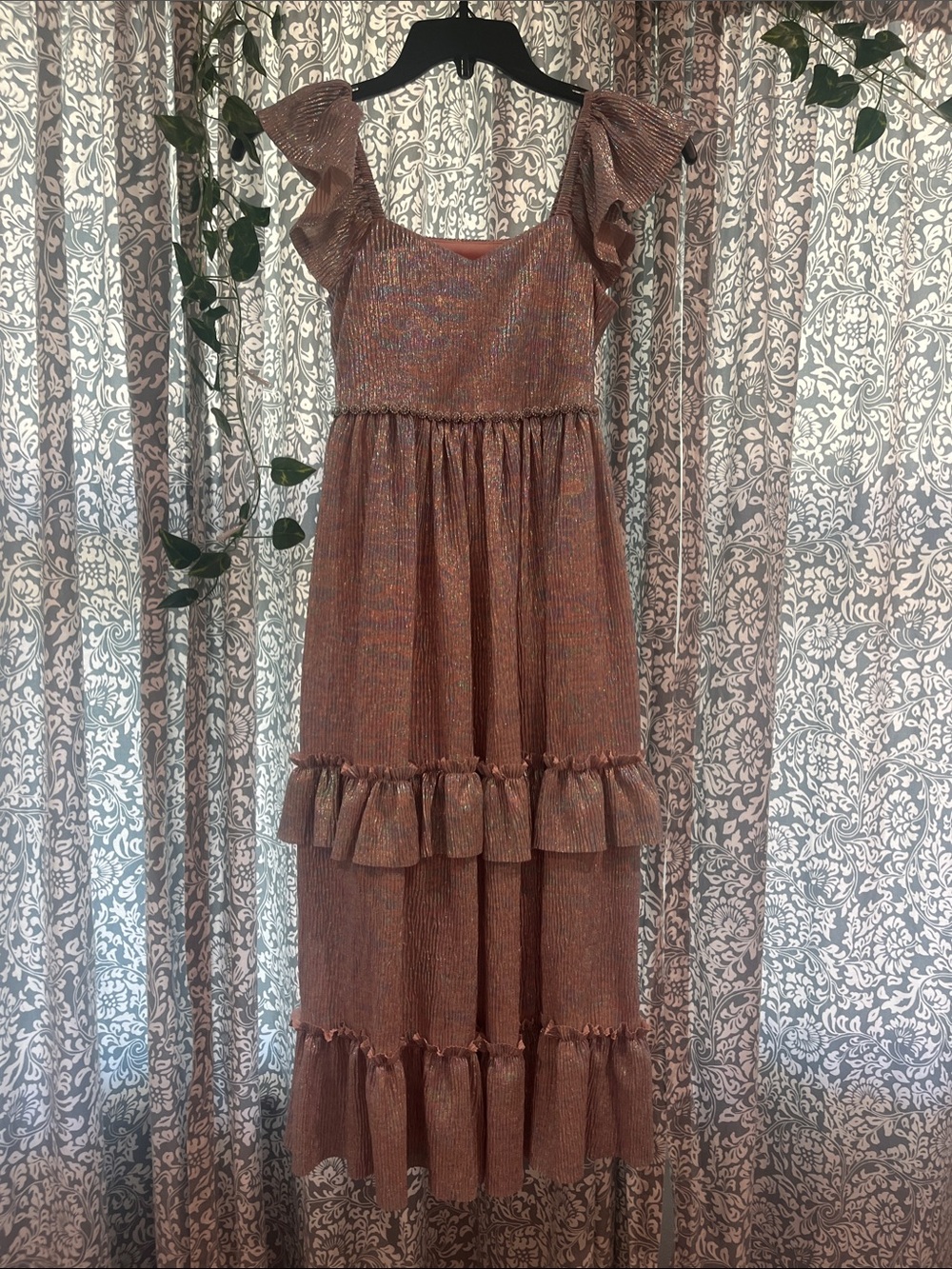 Shimmer Ruffle Tiered Maxi Dress - Rose Gold